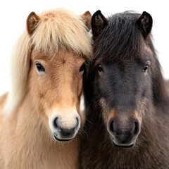 Fototapeta premium Two ponies side by side and one light brown and one dark and friendly pet scene and isolated white background Batch realistic clean bright simple modern stock image isolated on plain background fo