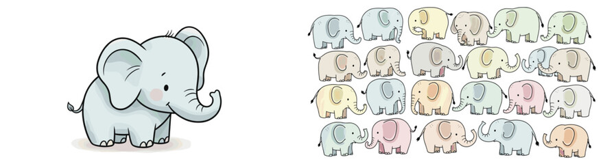Fototapeta premium Cute baby elephants cartoon illustration. Adorable animal, childish, illustration, whimsical, nursery art, pastel colors, pattern