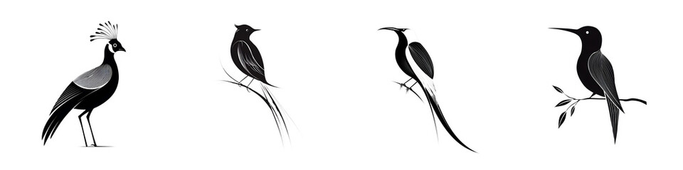 Obraz premium Elegant Bird Silhouettes: Black and White Bird Illustrations