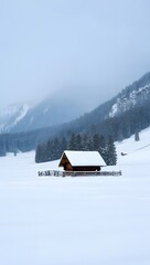 Naklejka premium Cozy Wooden Cabin in Snowy Winter Landscape with Mountain Forest