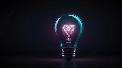 A glowing heart-shaped filament illuminates inside a lightbulb against a dark background.