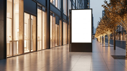Modern City Street at Night with Illuminated Blank Billboard – Urban Scene Ideal for Advertising Mockup, Digital Display, Marketing Design, and Branding Presentation
