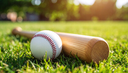 Wooden baseball bat and ball on green grass. Sport game concept.