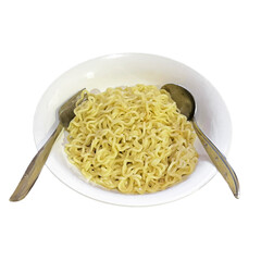 yellow noodles with fork and spoon in white bowl isolated on transparent background