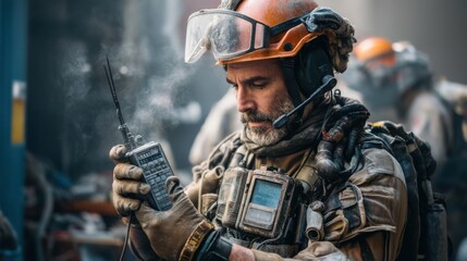 Fototapeta premium Focused First Responder Using Radio During Emergency Rescue Operation