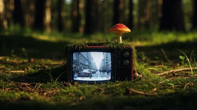 A surreal concept of an old television covered in moss in a forest, showing a busy city street on its screen, a metaphor for the contrast between technology and nature and digital detox