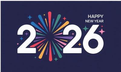 Illustration of happy new year 2026 with colorful fireworks and stars