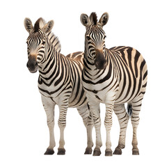 Fototapeta premium Two zebras and one front-facing and one back-facing and visible stripes and natural stance and isolated white background Batch realistic clean bright simple modern stock image isolated on plain ba