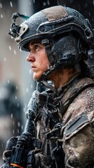Naklejka premium Portrait of a Soldier in Snowy Conditions