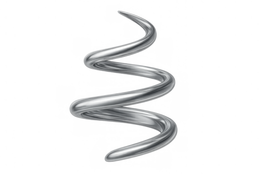 Spinning metallic silver spiral twirling against transparent backdrop, representing technological innovation and abstract design dynamics