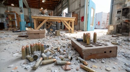 Spent Bullet Casings Scattered on a Factory Floor