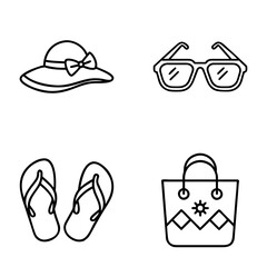 Summer accessories including hat, sunglasses, flip flops, and bag, icon set, black outline on a transparent background  
