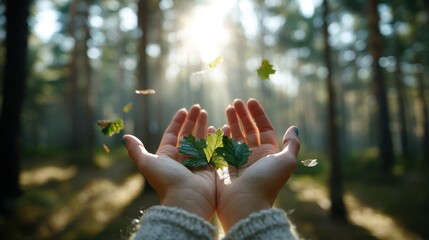 Woman's Hands Holding Green Leaves in Sunlit Forest