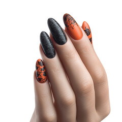 Close up of hand with halloween themed nail art in black and orange colors isolated on transparent background