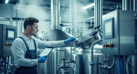 Worker inspecting brewing process in a hightech beer manufacturing plant.
