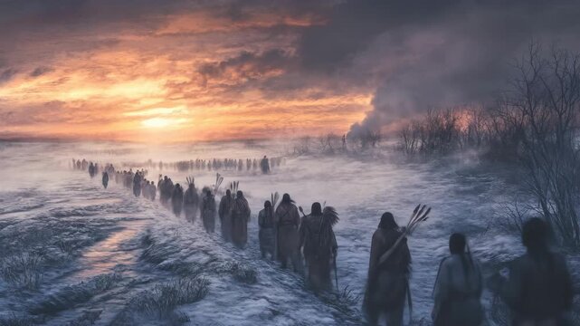 indigenous group trekking cold desolate terrain. native american heritage day. endurance, history, migration path. winter expedition and exploration. adventure, travel, journey