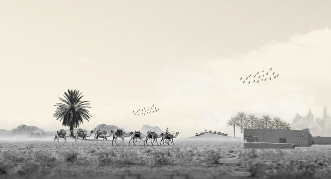 Camel caravan crossing Saudi Arabia’s serene desert with palm trees, traditional mud buildings, and distant mountains, historic Arabian landscape, high-resolution realistic travel and culture photo.