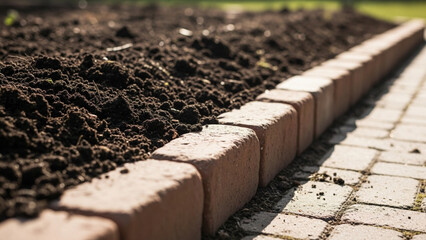 Eco-Friendly Garden Concept – Fresh Soil on Brick Landscape Edging Enhances Outdoor Beauty, Ideal for Gardening Enthusiasts and Sustainable Yard Design Inspiration

