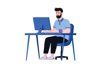 Man sitting at desk working with computer vector illustration.