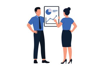 Business team analyzing financial charts and graphs showing company growth vector illustration.