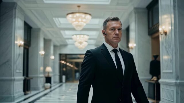 Professional bodyguard in a suit and earpiece stands guard in a luxury hotel lobby, representing high-level security, vip protection, corporate safety and event surveillance