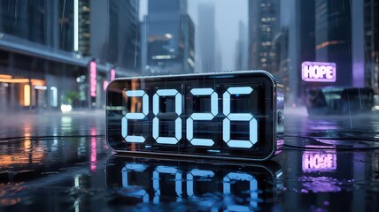 Digital Clock Displaying 2026 in Rainy Cityscape with Neon Hope Sign
