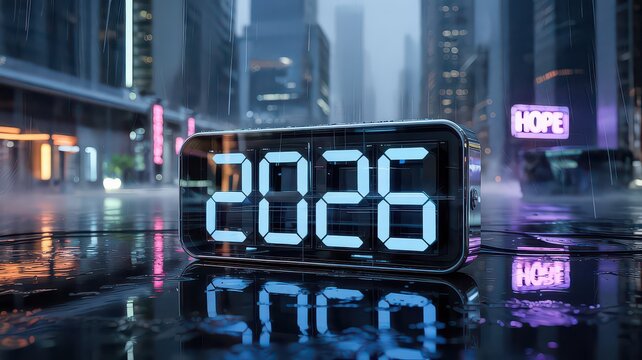 Digital Clock Displaying 2026 in Rainy Cityscape with Neon Hope Sign - Powered by Adobe