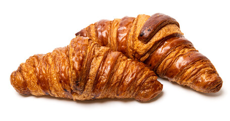 two freshly baked classic delicious fresh organic croissants isolated on white background