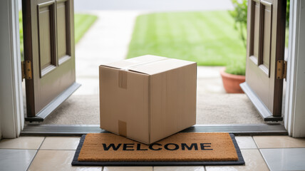 Delivery courier logistics ecommerce shipping. Package cardboard delivery shipping welcome doormat home entrance front porch box open door