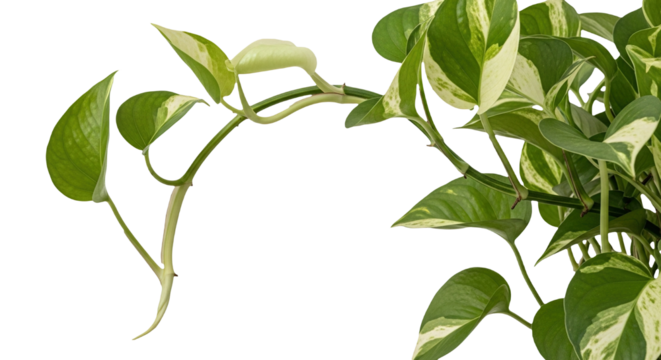 A variegated pothos vine with green and white leaves isolated on transparent background