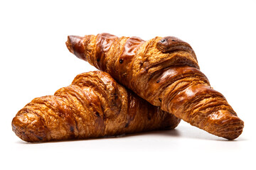 two freshly baked classic delicious fresh organic croissants isolated on white background