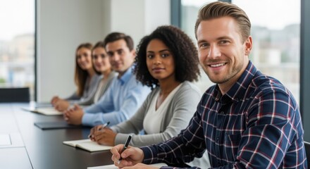 Fototapeta premium Diverse group of people in a meeting taking notes at a table business office