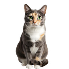 Fototapeta premium Calico cat sitting with green eyes and grey fur isolated on transparent background