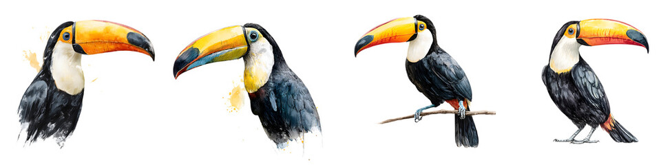 Naklejka premium Watercolor Toucan Bird Set: Tropical Exotic Birds Isolated on White Background