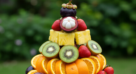 Naklejka premium Sliced fruit pyramid, each level one fruit: orange, kiwi, mangosteen etc.