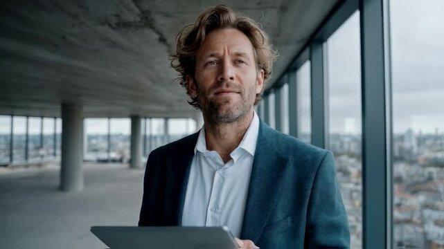Real estate developer inspecting an empty modern office with a tablet, looking at the city view, a concept for property investment and commercial architecture