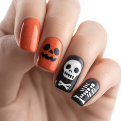 Close up of hand with halloween themed nail art featuring pumpkin and skeleton isolated on transparent background