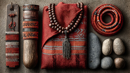 Traditional crafts arrangement with beads and textiles on stone surface