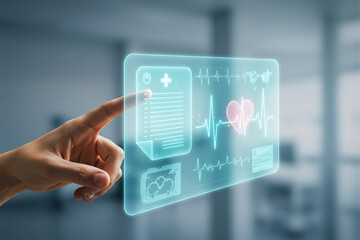 Hand swiping across a tablet with floating medical record and heartbeat chart. Light cyan overlay, clinical tone with blurred office or clinic background.