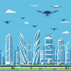 Obraz premium A futuristic cityscape features sleek, modern buildings with renewable energy sources, as multiple drones navigate the sky, symbolizing technological advancement and progress.