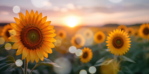 Obraz premium girasole e distesa di girasoli in fiore in formato panoramico