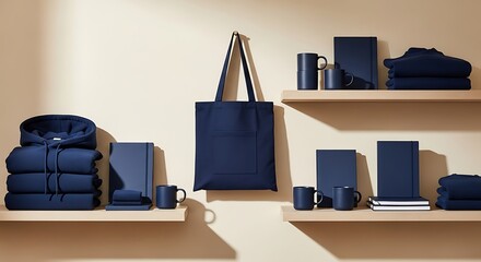 Stylish monochromatic navy blue apparel and lifestyle items on display shelves concept