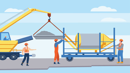 Naklejka premium Construction workers using crane to move materials and cement mixer on a construction site outdoors