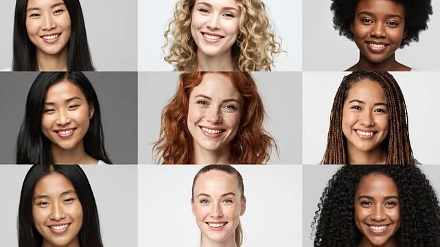 A grid shows nine women of diverse backgrounds smiling each in their own square