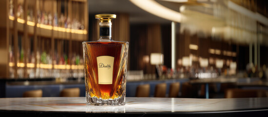 Bottle of expensive brandy, cognac, bourbon named "Death" on bar countertop