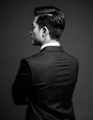 Confident Man in Suit Back View Black and White Portrait.
