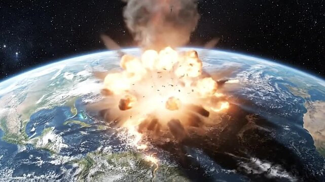 A large meteor hurtling toward Earth with flames erupting above against a backdrop of space and stars