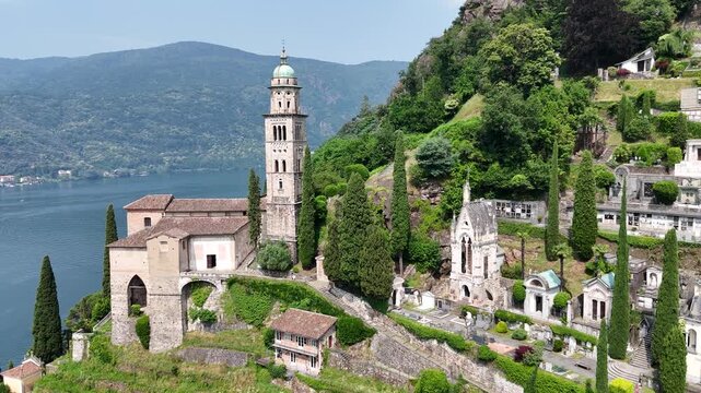 Church of Saint Maria Del Sasso Morcote Switzerland aerial reverse reveal