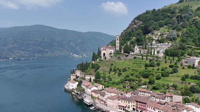 Morcote village Lake Lugano Switzerland ascending drone,aerial