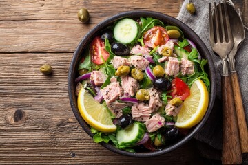 Bowl of tuna salad with fresh veggies olives capers and lemon on rustic wood Overhead view with blank space